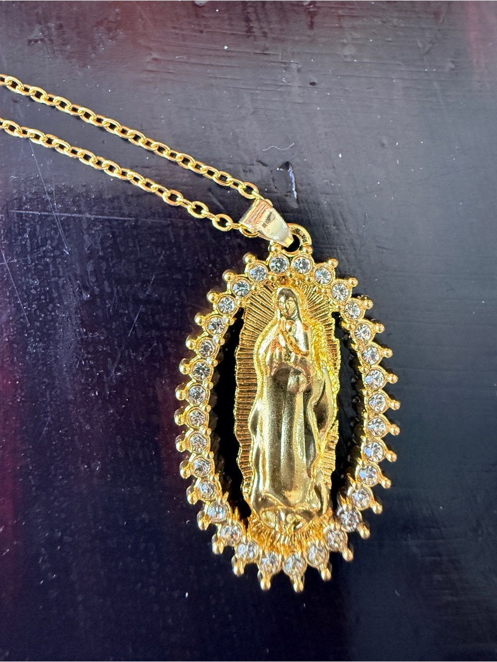 Our Lady of Guadalupe
Rhinestone Medallion/18”
Delicate zinc cable chain NIP